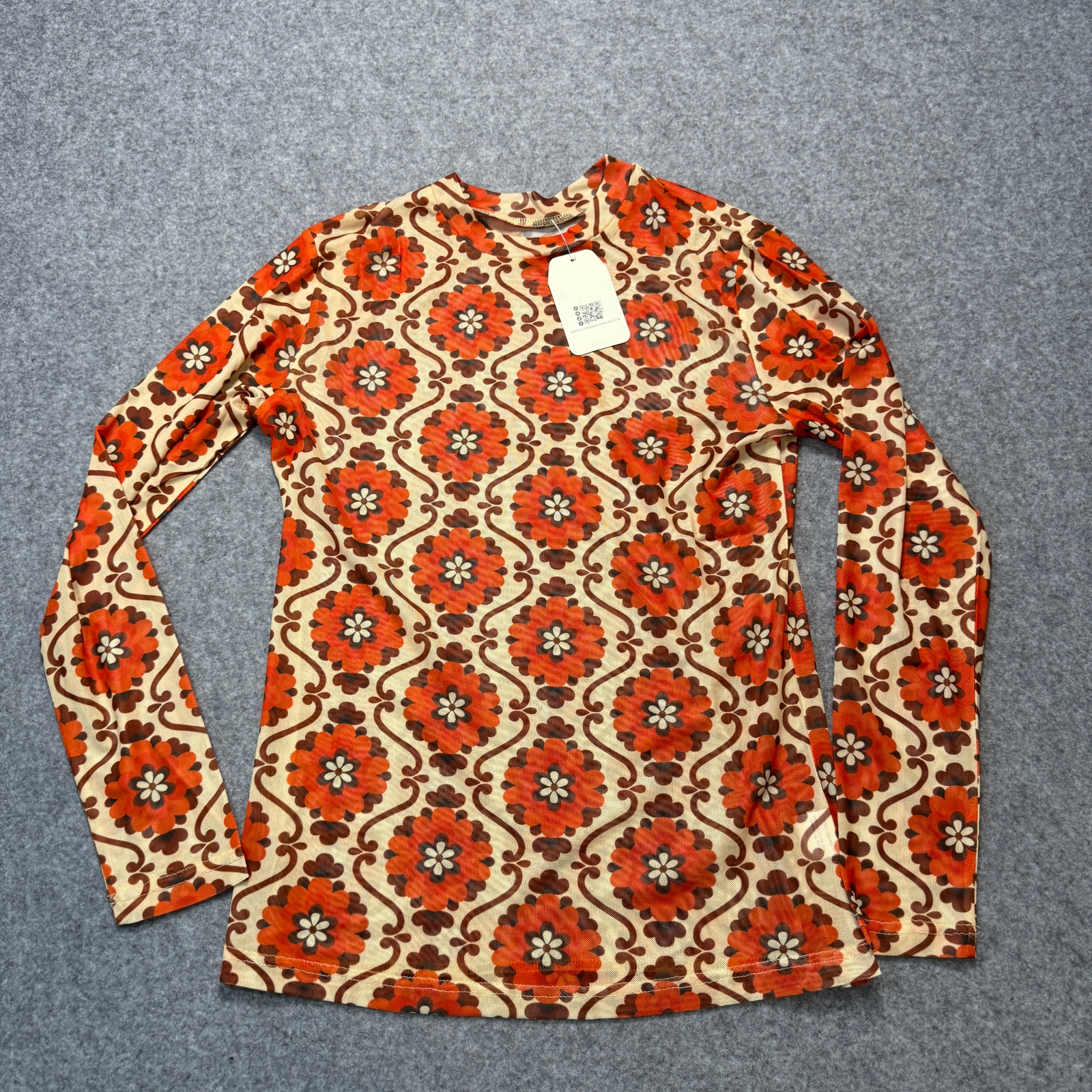 Women's Lil Bee's Bohemian Orange Cream Retro Floral Graphic Sheer Top Sz M New — image 8 of 8